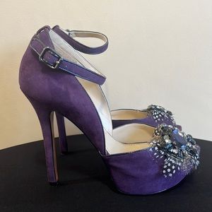 Enzo Angiolini Purple Suede Platform Peep Toe Heel w/ Feather and Gem Adornment